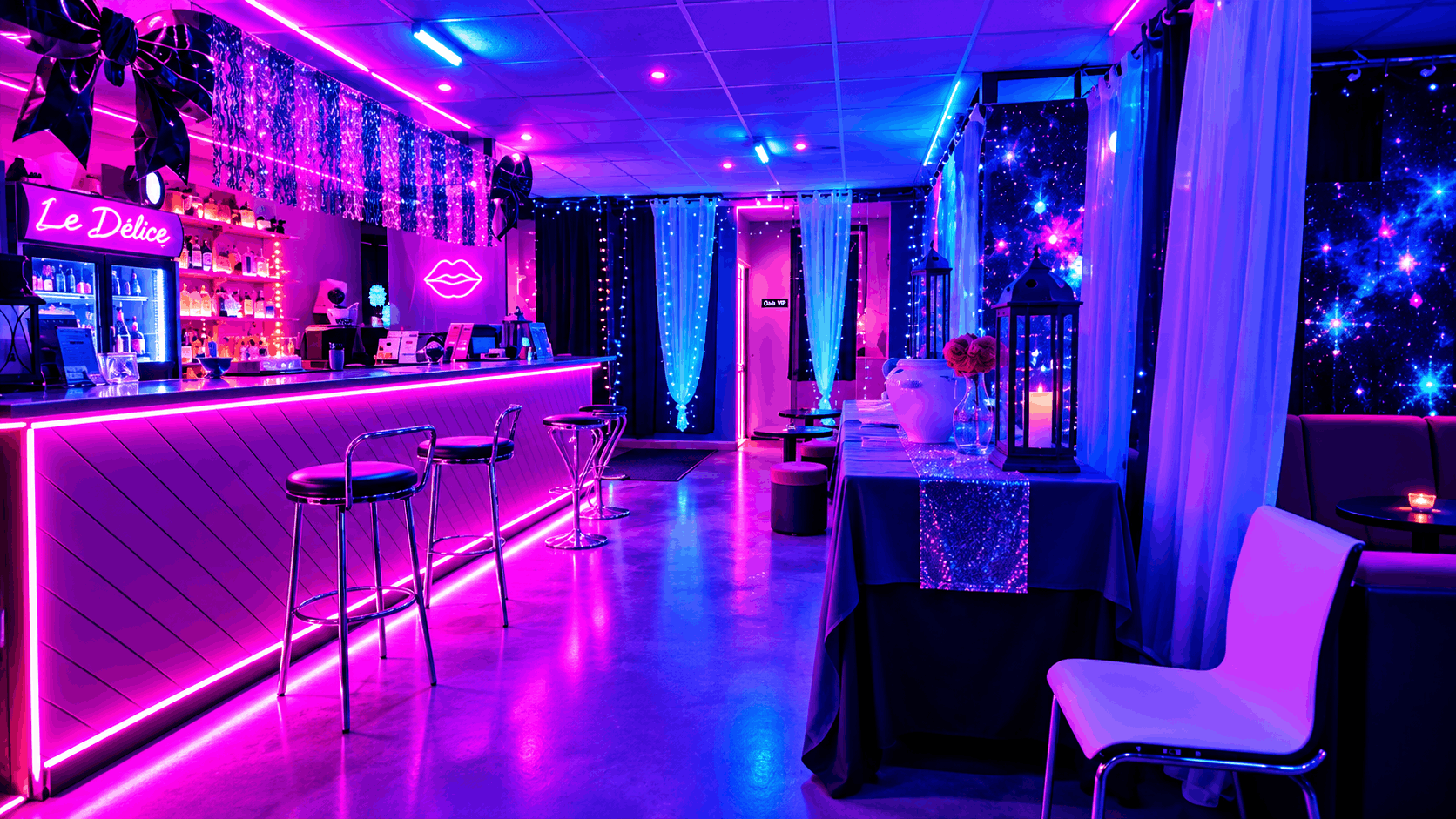 Bar du club libertin Le Délice près de Bergerac en Dordogne, comptoir aux néons roses, tabourets chromés et décor étoilé menant à l'espace VIP