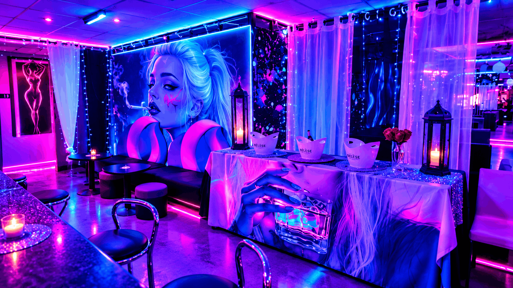 Coin salon du bar du club échangiste Le Délice à Bergerac, grande fresque street art d'une femme blonde, table aux seaux à champagne, lanternes, bougies et rideaux lumineux